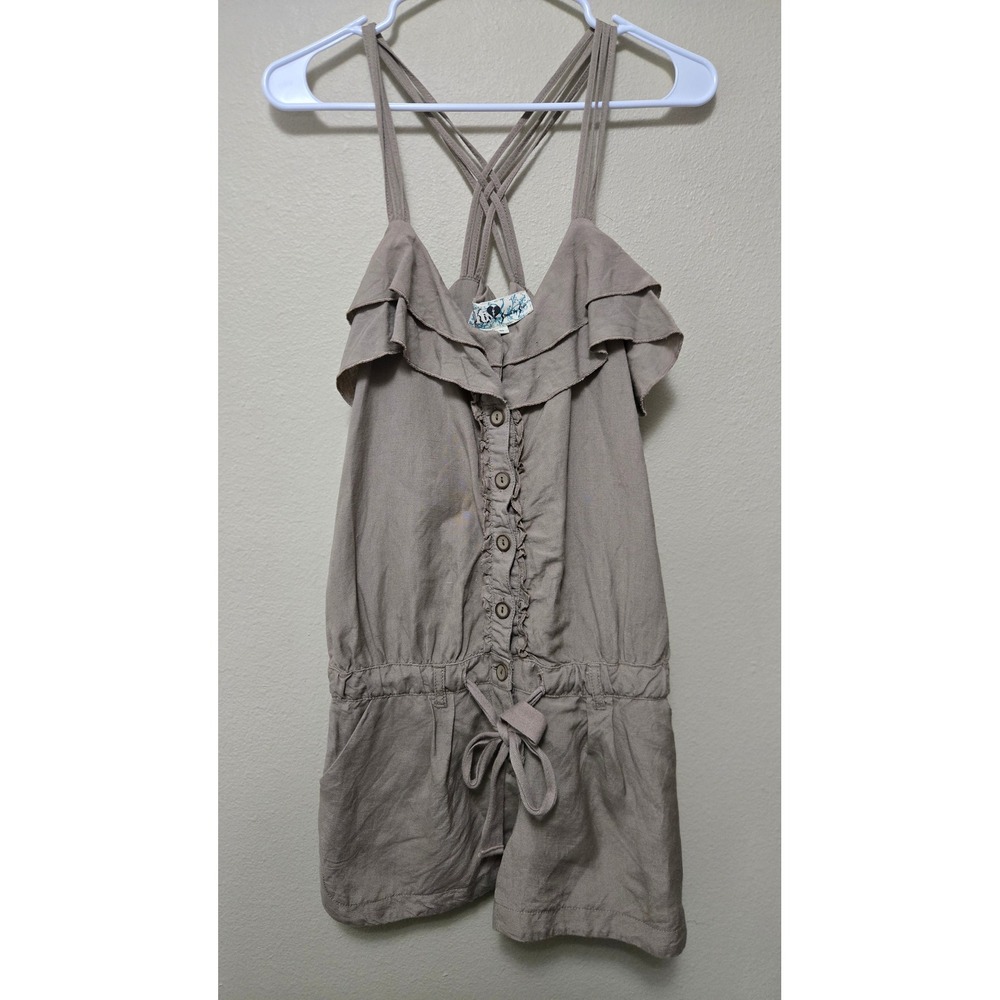 Jolt Womens Tan Khaki Ruffle Button Front Strappy Back Romper Size M